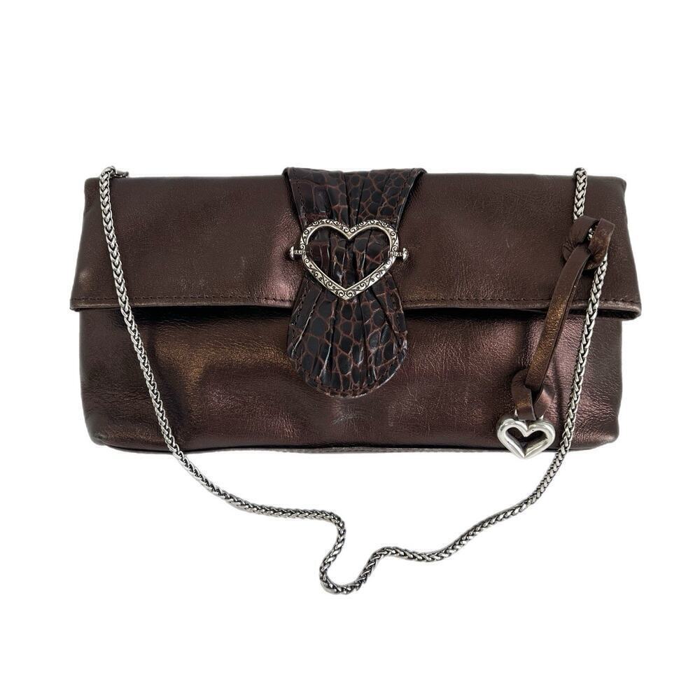 Vintage Brighton Evening Bag Leather Bronze Fold Over Shoulder Strap Clutch